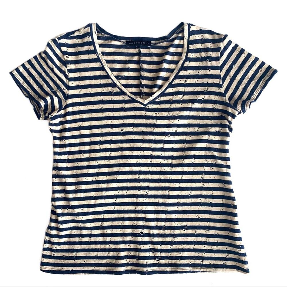 Whetherly Distressed Holes Y2K Striped Short Sleeve V-Neck Tee Shirt Size Large